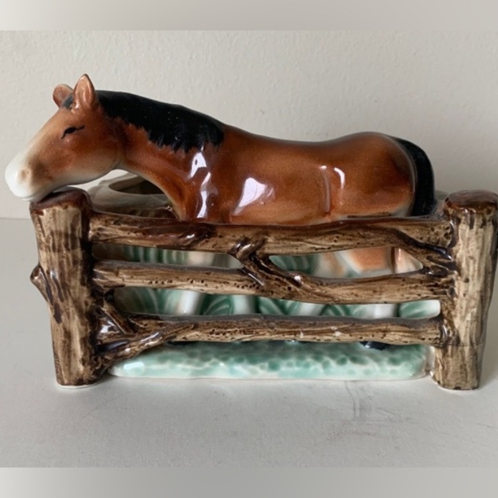 Vintage Ceramic Horse Figurine with Fence Planter 1950s